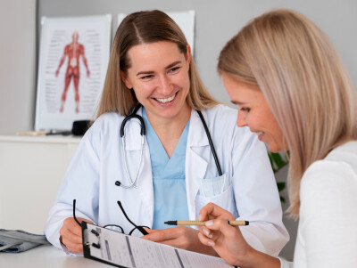 médecin femme plaisantant avec sa patiente en train de remplir un formulaire papier