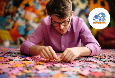 jeune homme essayant de faire un puzzle gigantesque