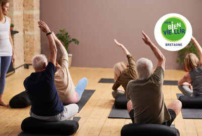 groupe de seniors pendant une séance d'étirements sur tapis cours de gym