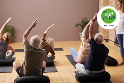 groupe de seniors de dos pendant une séance collective de yoga