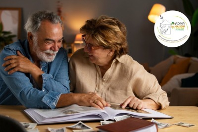 couple de seniors consultant un vieil album photos en riant