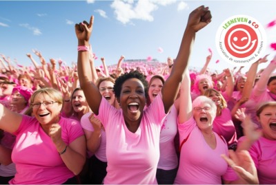 Groupe de femme en tenue rose au départ d'une course solidaire