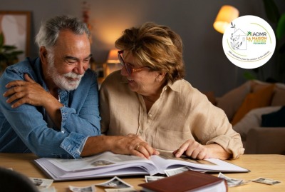 couple de seniors regardant en riant des photos sur un vieil album