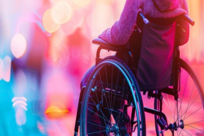 personne de dos dans un fauteuil roulant devant des lumières multicolores